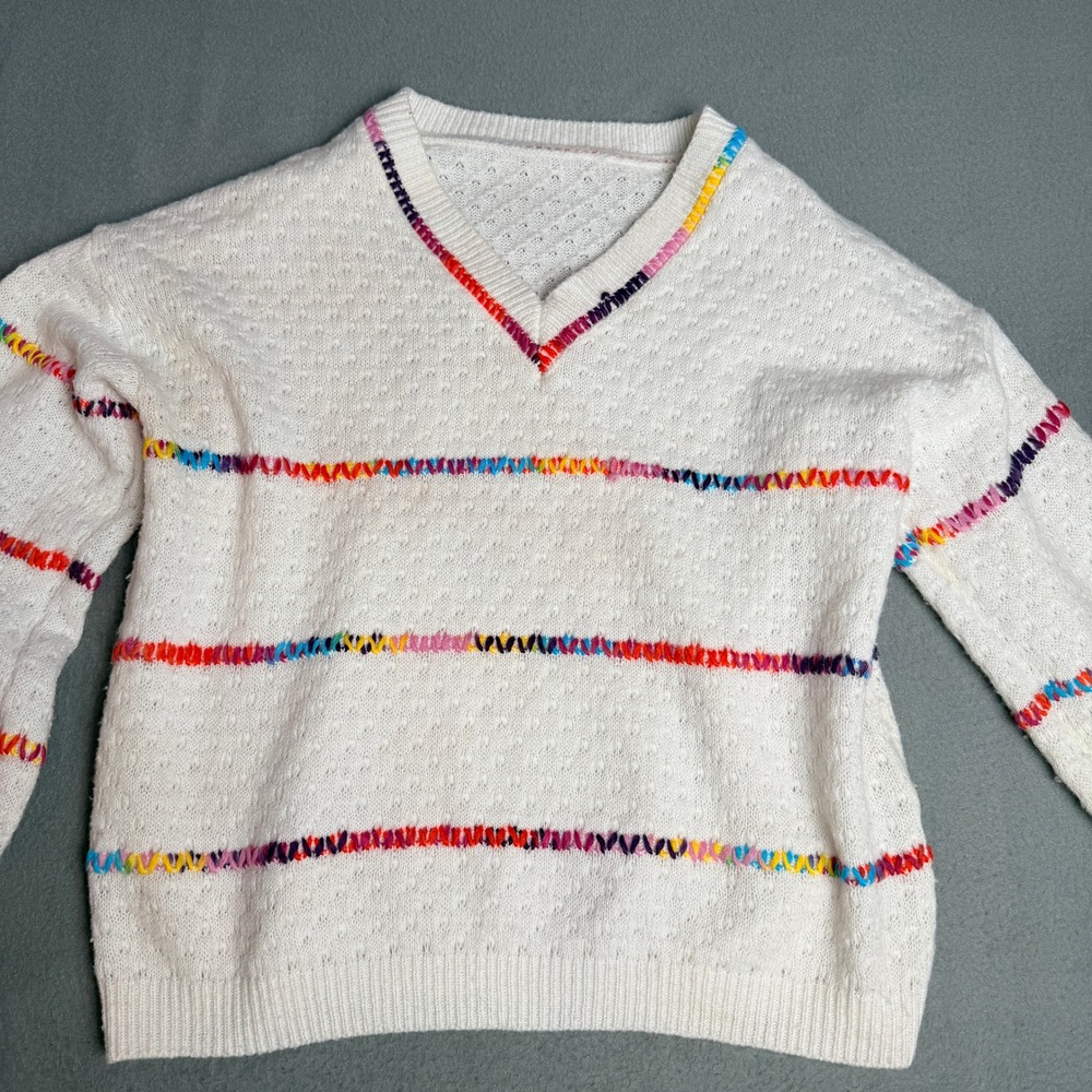 Vintage Style Rainbow Embroidered White Pointelle V-Neck Sweater Women Large
